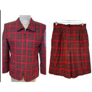 Norton McNaughton Shorts Suit 2 Pcs Blazer/Shorts Red/Green Tartan Sz. 8 Vtg
